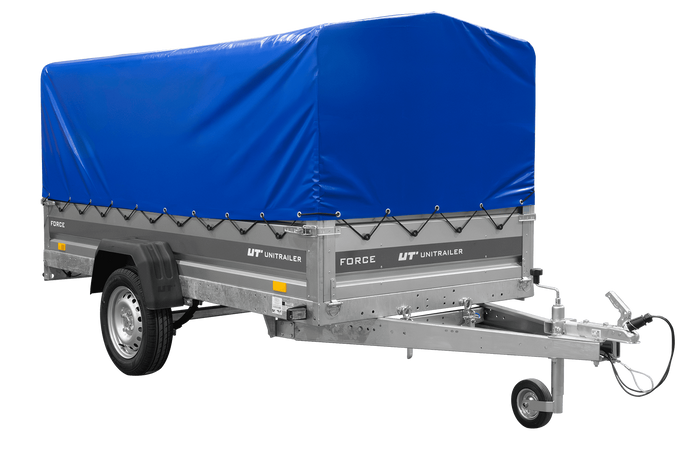 Enkelassige aanhanger op veren 264x125 UNITRAILER FORCE 264/R KIPP met H-800 frame en blauwe afdekking