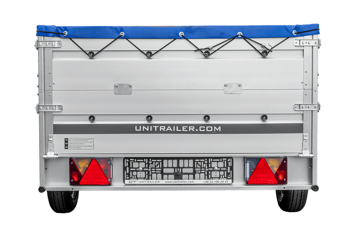 Enkelassige aanhanger met aluminium zijwanden 264x125 Unitrailer Garden 264 KIPP ALU met BIS-zijwanden, H-0 frame en blauwe afdekking