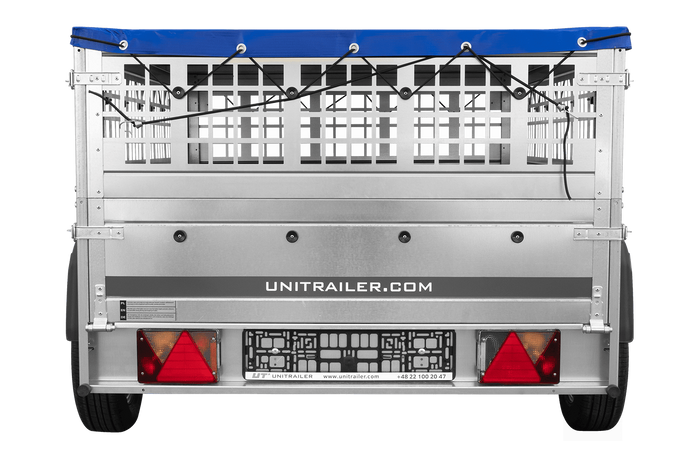 Autoaanhangwagen op veren 200x125 UNITRAILER GARDEN 201/R KIPP met gaaswanden, H-0 frame en blauwe afdekking