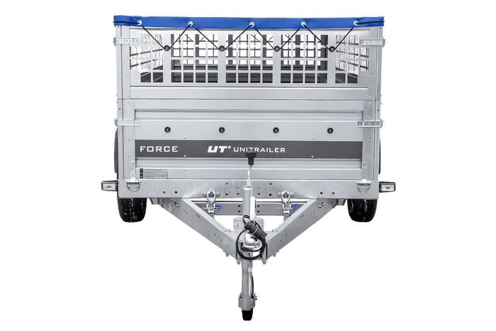 Enkelassige aanhanger op veren 264x125 UNITRAILER FORCE 264/R KIPP met gaaswanden, H-0 frame en blauw dekzeil