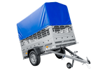 Lichte aanhanger 200x106 UNITRAILER GARDEN 200 KIPP met gaaswanden, H-800 frame en blauwe hoes