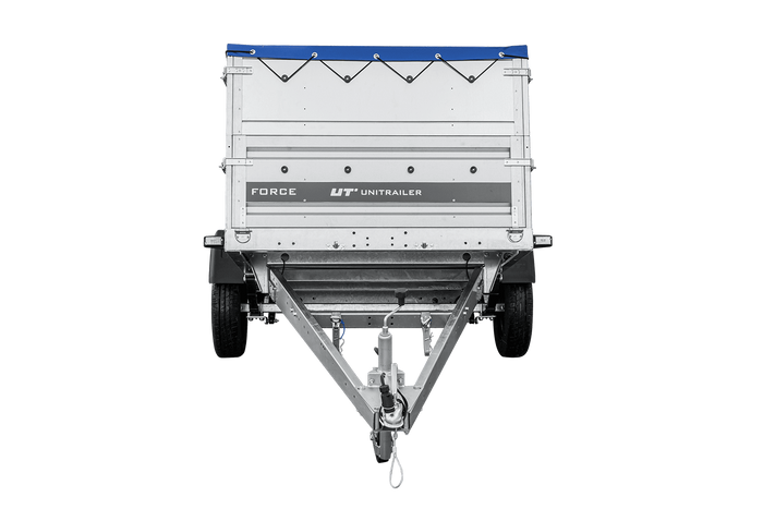 Autotransportaanhanger op veren 230x125 UNITRAILER FORCE 230/R KIPP met BIS-zijwanden, H-0 frame en blauwe afdekking