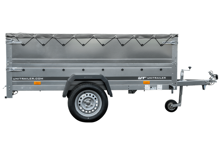 Eenassige aanhanger met een GARDEN TRAILER 230 KIPP met een steunwiel, twee zijkanten en een grijze vlakke kap