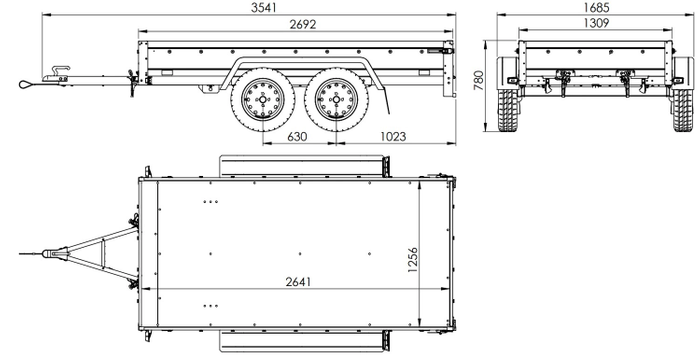 Tweeassige aanhanger 264x125 UNITRAILER GARDEN 264/2 KIPP met H-1100 frame en grijze huif
