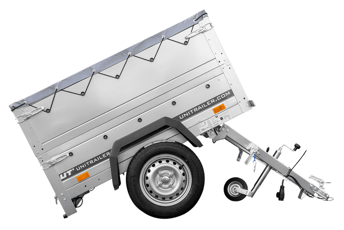Unitrailer GARDEN TRAILER 150 KIPP met een steunwiel, twee zijkanten en een grijze platte afdekking op een frame
