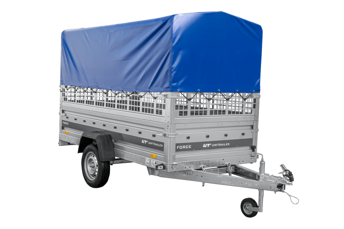 Autotransportaanhanger 264x125 UNITRAILER FORCE 264 KIPP met gaaswanden, H-800 frame en blauwe hoes