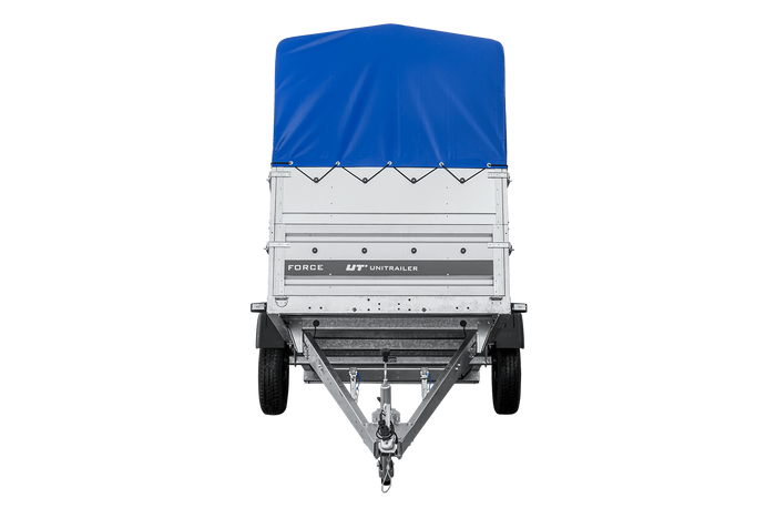 Autotransporter 230x125 UNITRAILER FORCE 230 KIPP met BIS-zijwanden, H-800 frame en blauwe afdekking