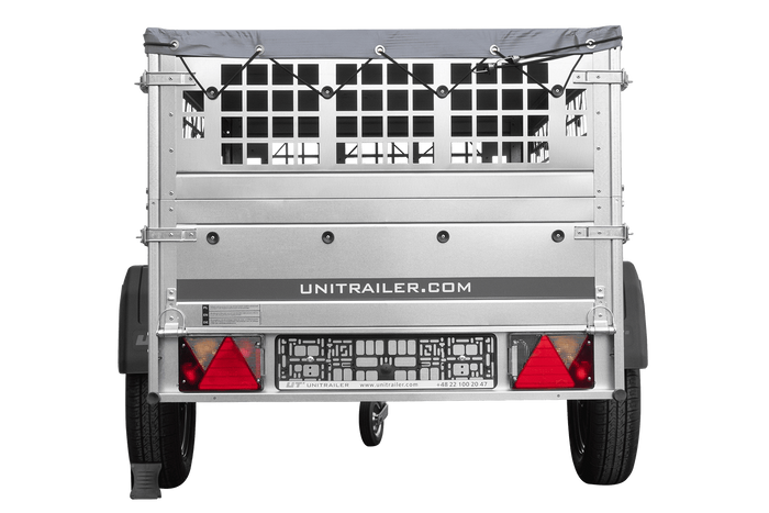 Enkelassige aanhanger 200x106 UNITRAILER GARDEN 200 KIPP met gaaswanden en grijs dekzeil