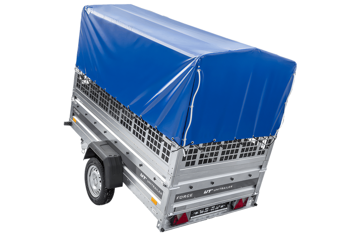 Enkelassige aanhanger 230x125 UNITRAILER FORCE 230 KIPP met gaaswanden, H-0 frame en blauwe afdekking.
