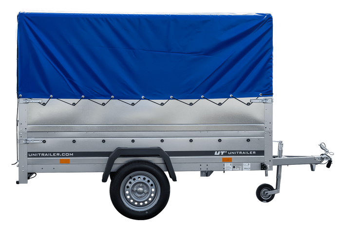 Lichte aanhanger 230x125 UNITRAILER GARDEN 230 KIPP met BIS-zijwanden, H-800 frame en blauwe afdekking
