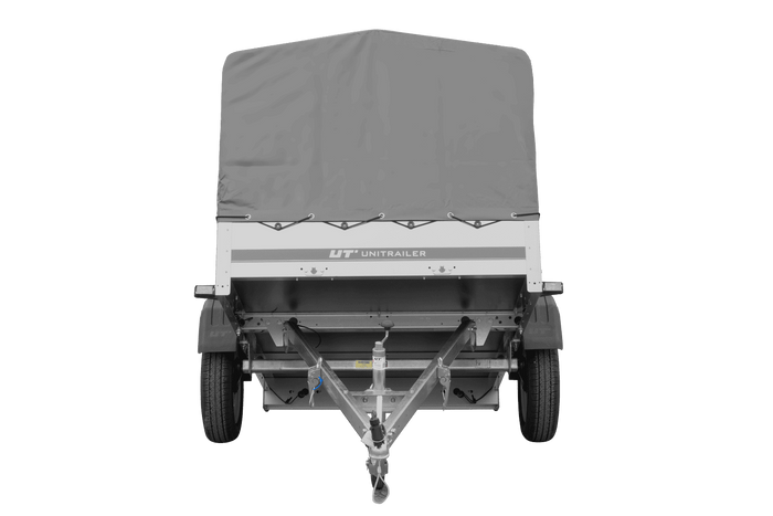 Enkelassige aanhanger 200x125 UNITRAILER GARDEN 201 KIPP met H-800 frame en grijze afdekking
