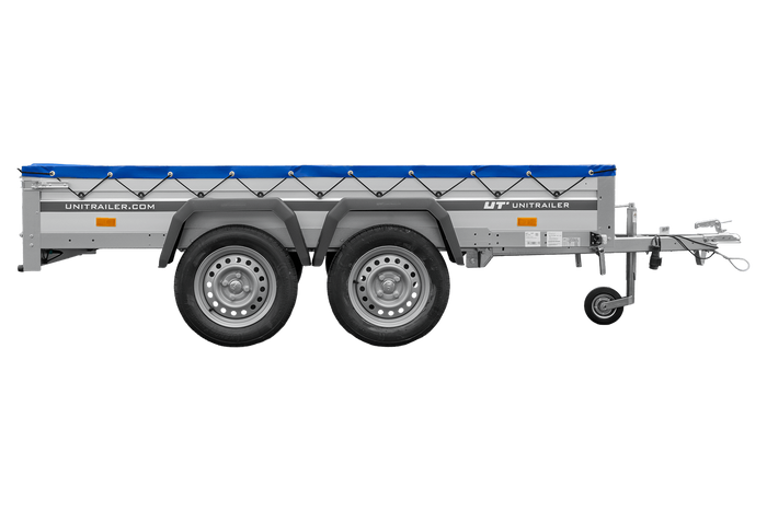 Tweeassige aanhanger met aluminium zijwanden 264x125 Unitrailer Garden 264/2 KIPP ALU met H-0 frame en blauwe afdekking