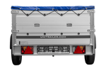 Enkelassige aanhanger met aluminium zijwanden 230x125 Unitrailer Garden 230 KIPP ALU met BIS-zijwanden, H-0 frame en blauwe afdekking