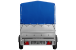 Enkelassige aanhanger 200x125 UNITRAILER GARDEN 201 KIPP met BIS-zijwanden, H-800 frame en blauwe afdekking