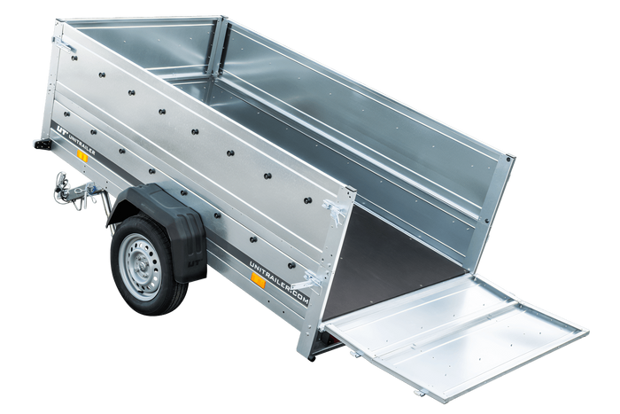 GARDEN TRAILER 230 KIPP MET STEUNWIEL, BIS ZIJKANTEN EN BLAUW PLAT TARPAU