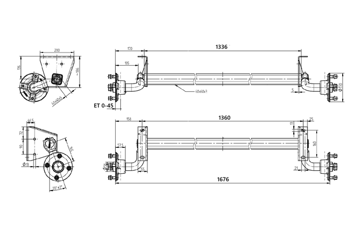 KNOTT VG7-L ongeremde as voor aanhanger 750 kg 1360 mm 1676 mm 4x130