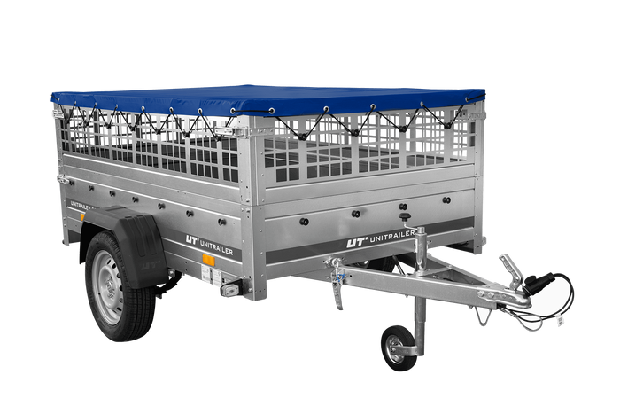 Autoaanhangwagen op veren 200x125 UNITRAILER GARDEN 201/R KIPP met gaaswanden, H-0 frame en blauwe afdekking