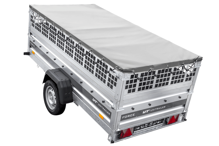 Enkelassige aanhanger op veren 264x125 UNITRAILER FORCE 264/R KIPP met gaaswanden, H-0 frame en grijs dekzeil