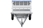 Enkelassige aanhanger 264x125 UNITRAILER FORCE 264 KIPP met gaaswanden, H-0 frame en blauwe afdekking.