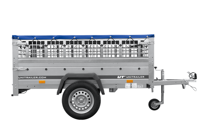 Enkelassige aanhanger 200x125 UNITRAILER GARDEN 201 KIPP met gaaswanden, H-0 frame en blauw dekzeil