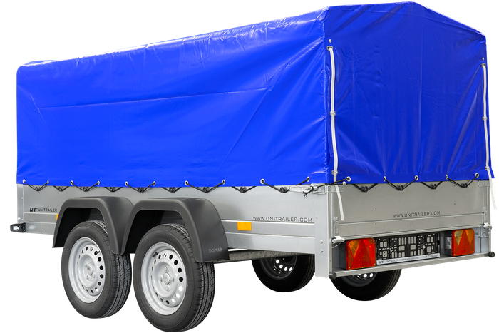 Twee-assige aanhanger 264x125 UNITRAILER GARDEN 264/2 KIPP met H-800 frame en blauwe afdekking