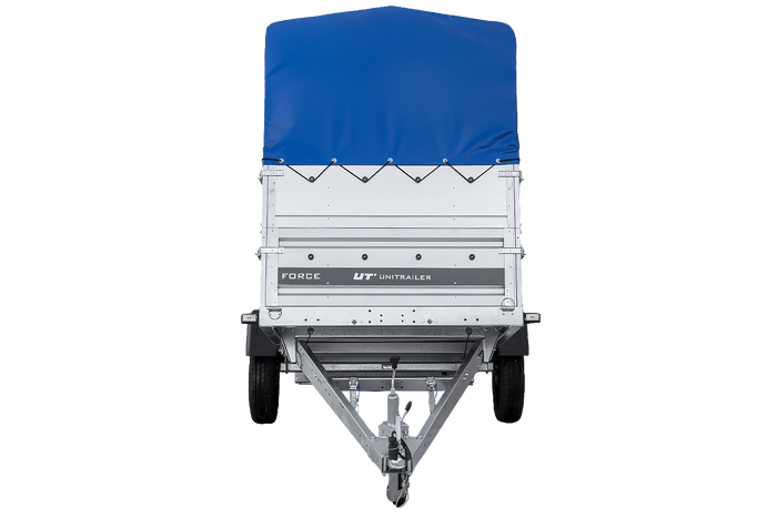 Autotransporter 264x125 UNITRAILER FORCE 264 KIPP met BIS-zijwanden, H-800 frame en blauwe afdekking