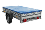 Enkelassige aanhanger met aluminium zijwanden 230x125 Unitrailer Garden 230 KIPP ALU met H-0 frame en blauwe afdekking