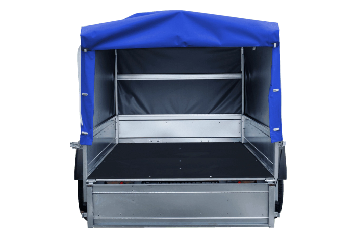 Enkelassige aanhangwagen op veren 230x125 UNITRAILER GARDEN 230/R KIPP met H-800 frame en blauw dekzeil