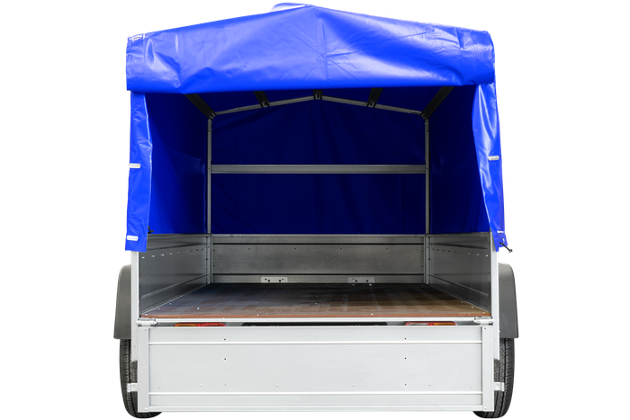 Twee-assige aanhanger 264x125 UNITRAILER GARDEN 264/2 KIPP met H-800 frame en blauwe afdekking