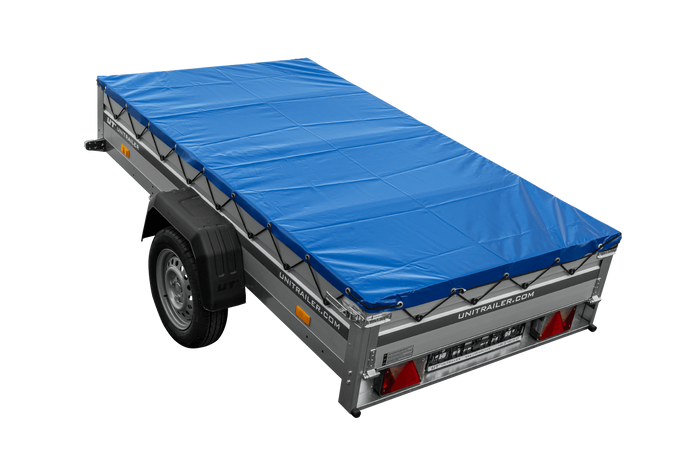 Enkelassige aanhanger met aluminium zijwanden 230x125 Unitrailer Garden 230 KIPP ALU met H-0 frame en blauwe afdekking