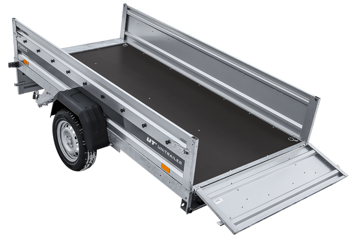 Enkelassige aanhanger op veren 264x125 UNITRAILER FORCE 264/R KIPP met BIS-zijwanden, H-0 frame en blauw dekzeil