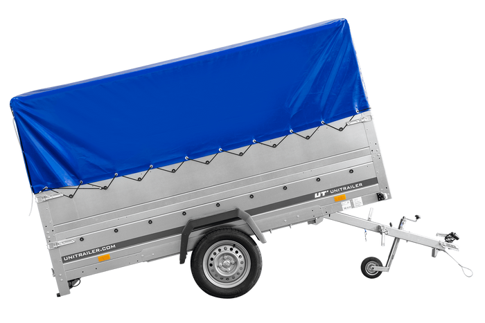 Eenassige aanhangwagen 264x150 UNITRAILER GARDEN 265 KIPP met opzetborden H-800 frame en blauwe huif