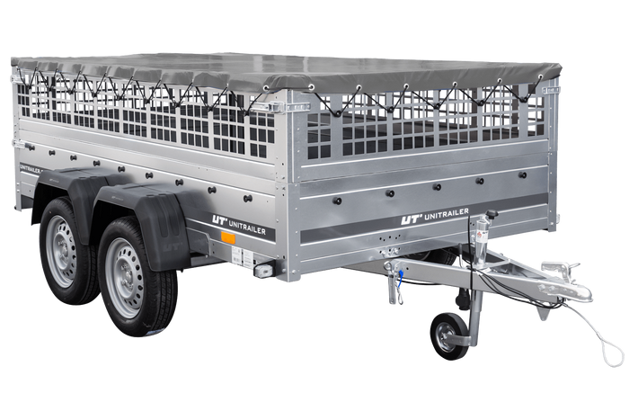 Lichte aanhanger 264x150 UNITRAILER GARDEN 265/2 KIPP met gaaswanden, H-0 frame en grijze afdekking