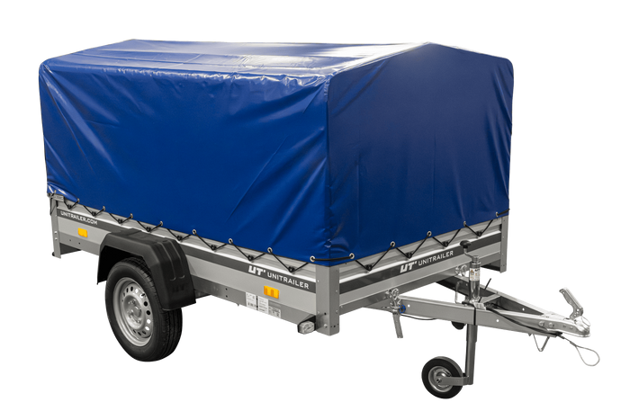 Enkelassige aanhanger met aluminium zijwanden 230x125 Unitrailer Garden 230 KIPP ALU met H-800 frame en blauwe afdekking