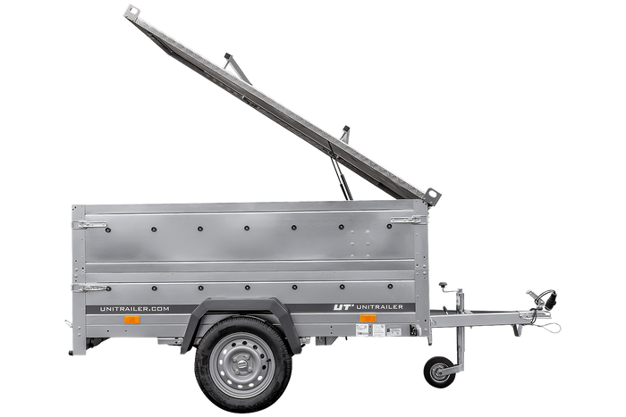 Enkelassige aanhangwagen op veren 230x125 UNITRAILER GARDEN 230/R KIPP met BIS zijwanden en aluminium afdekplaat