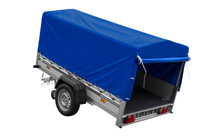 Enkelassige aanhanger op veren met aluminium zijwanden 230x125 Unitrailer Garden 230/R KIPP ALU met H-800 frame en blauwe afdekking